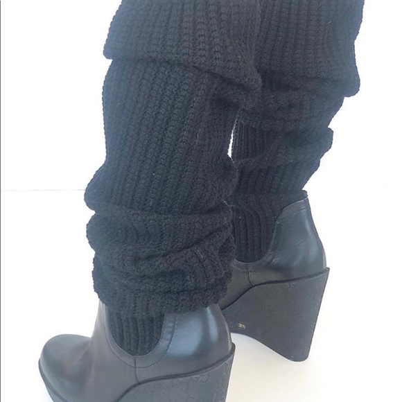 Gucci Black Leather Logo Knit Wool OTK Wedge Boots - Picture 5 of 9